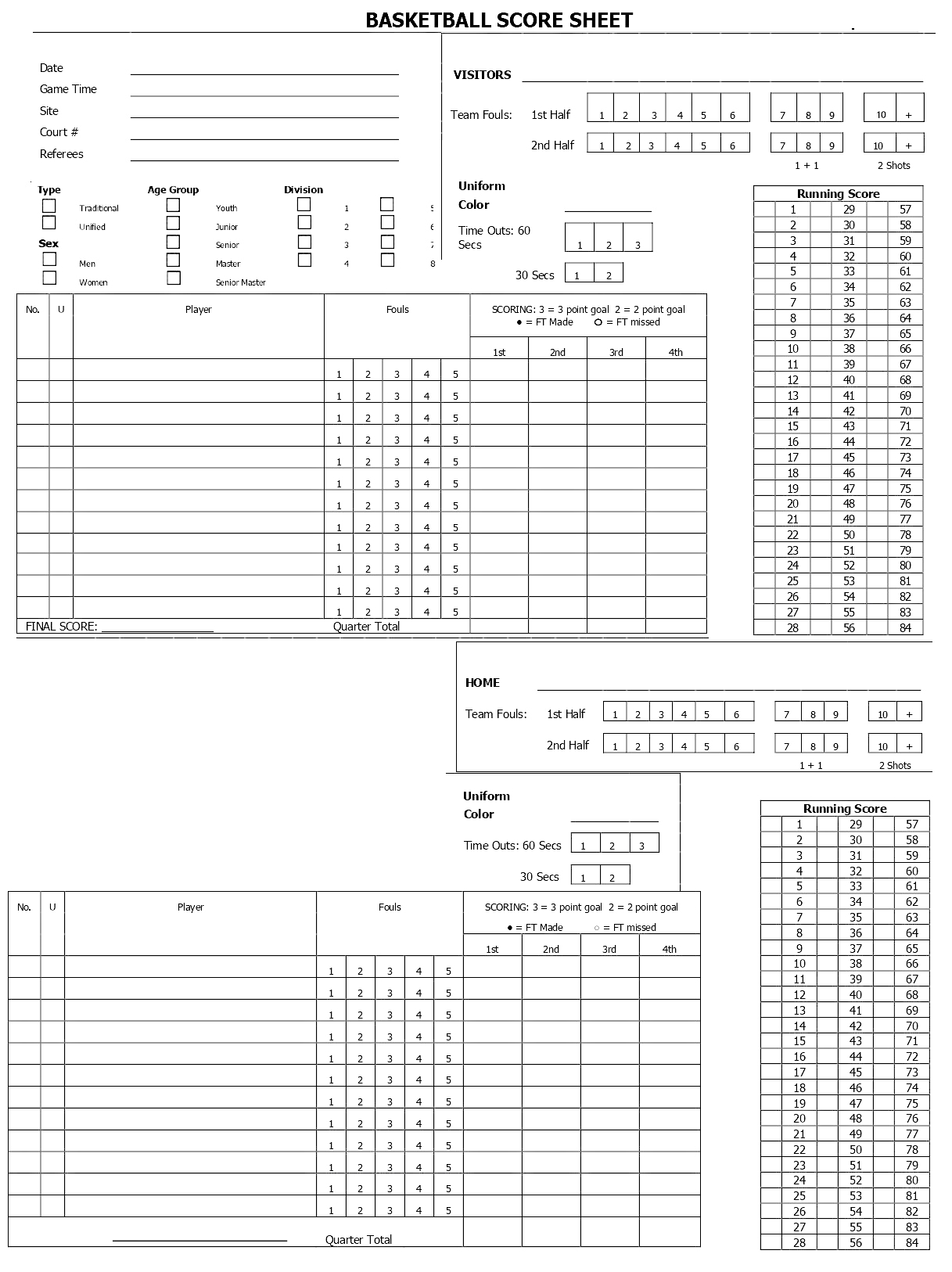 Free, Printable Basketball Score Sheets, Stat Sheets From Score Books in Youth Basketball Score Sheet Printable