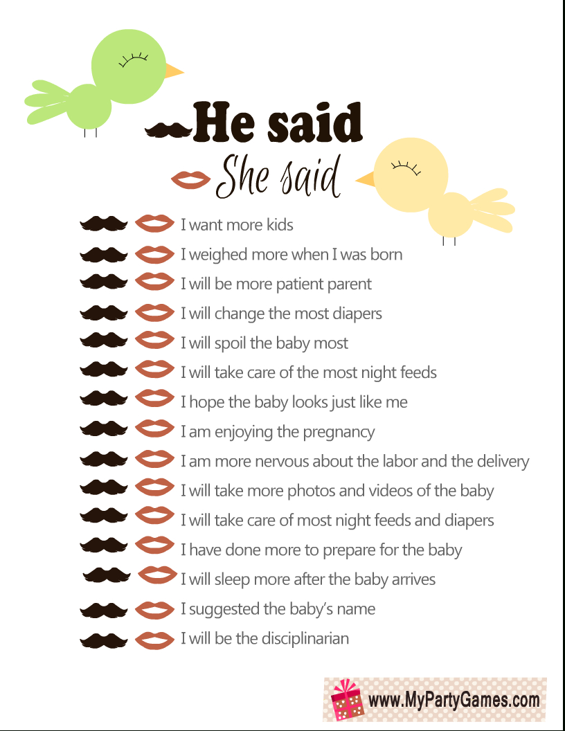 Free Printable He Said, She Said Baby Shower Game with regard to Free Baby Shower Game Printables