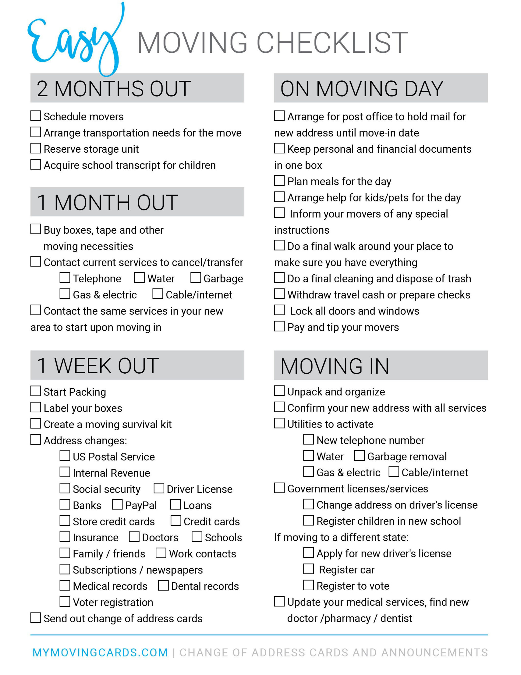Free Printable Moving Out Checklist, Download Free Printable throughout Checklist Printable Checklist For Preparing To Move Out Of State
