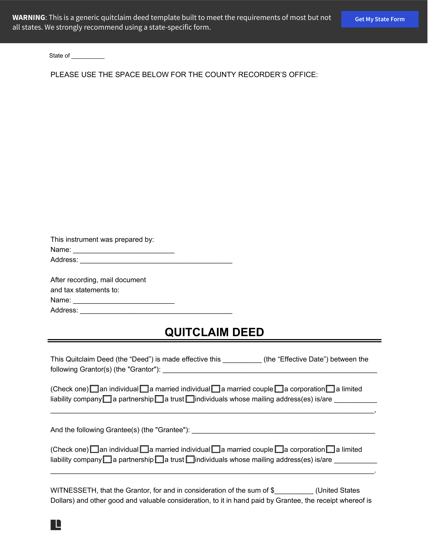 Free Quit Claim Deed Form Free Printable Quit Claim Deed Form intended for Free Printable Blank Quit Claim Deed Form