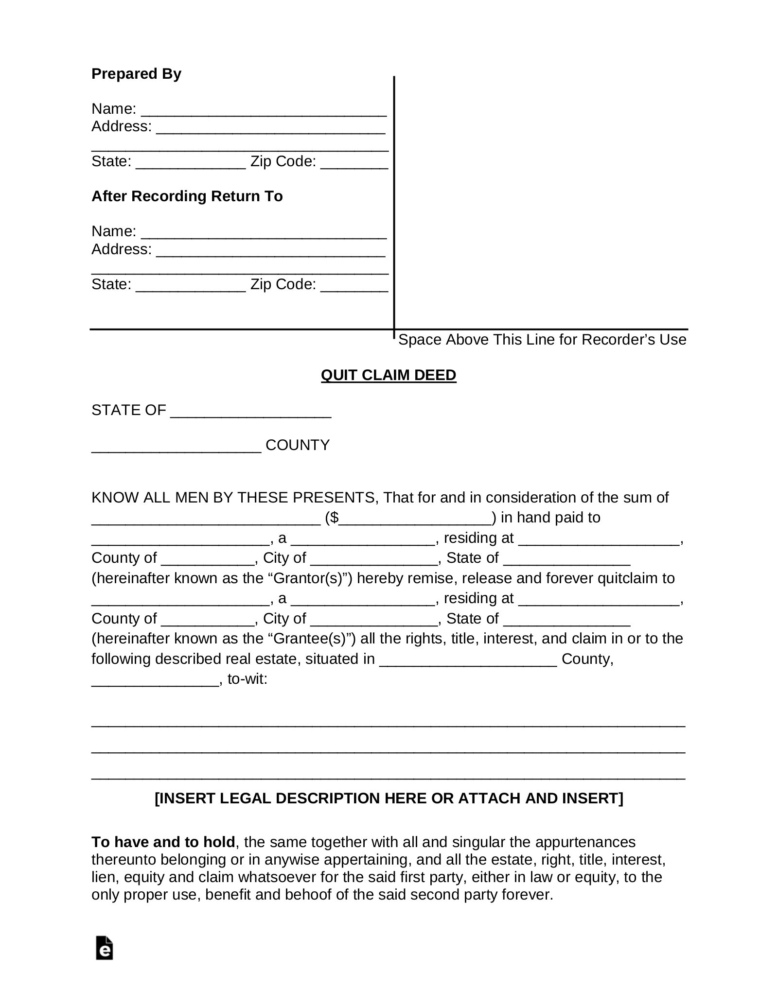 Free Quit Claim Deed Form - Pdf | Word – Eforms in Free Printable Blank Quit Claim Deed Form