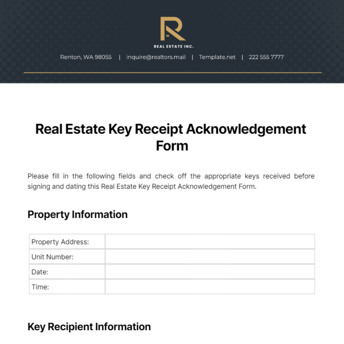 Free Real Estate Key Receipt Acknowledgement Form Template To Edit in Printable Key Receipt Acknowledgement Form