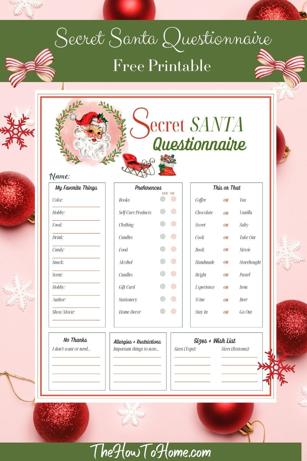 Free Secret Santa Questionnaire Printable: Instant Download - The with Printable Secret Santa Questionnaire
