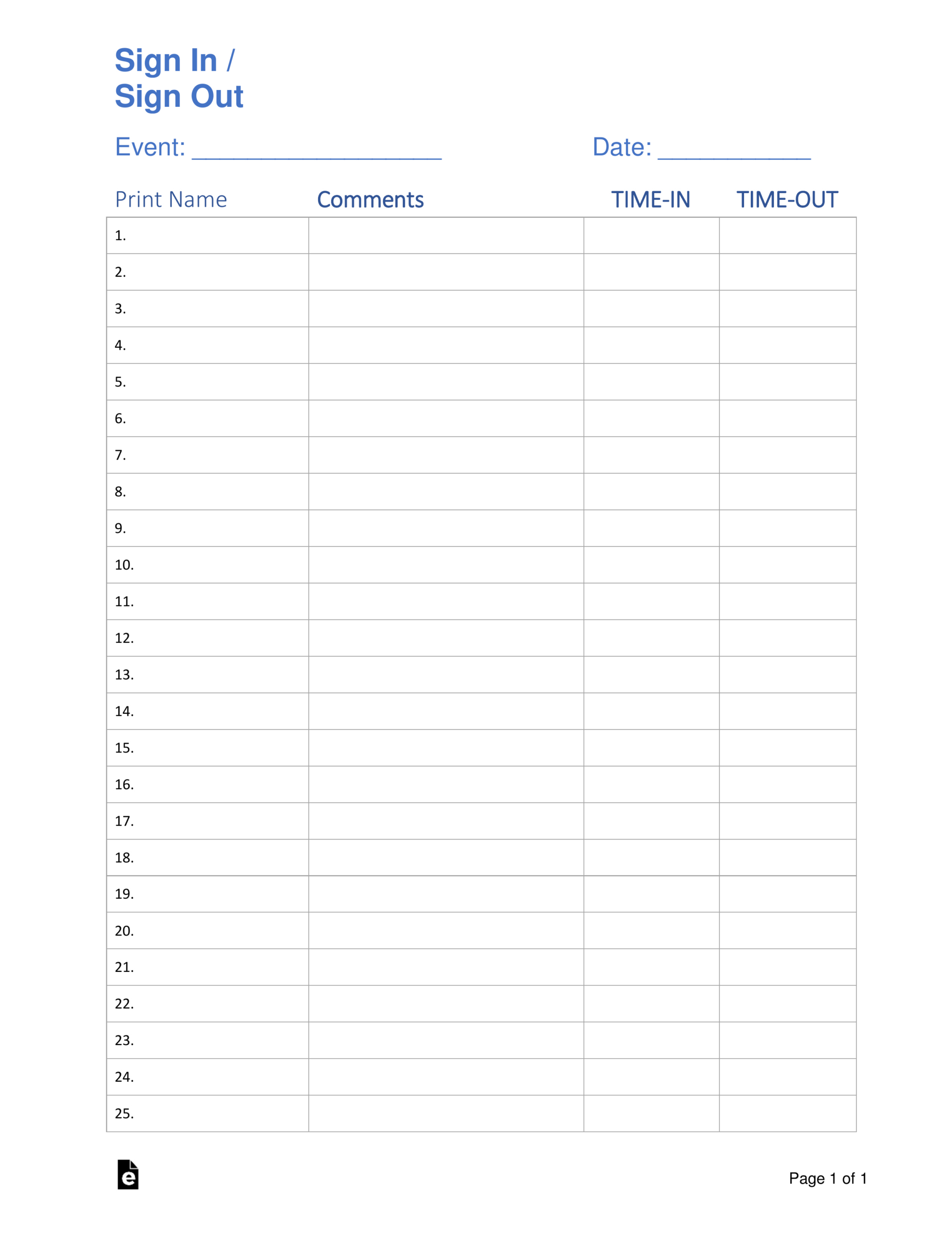 Free Sign In / Sign Up Sheet Templates - Pdf | Word – Eforms with Free Sign in Sheets Printable