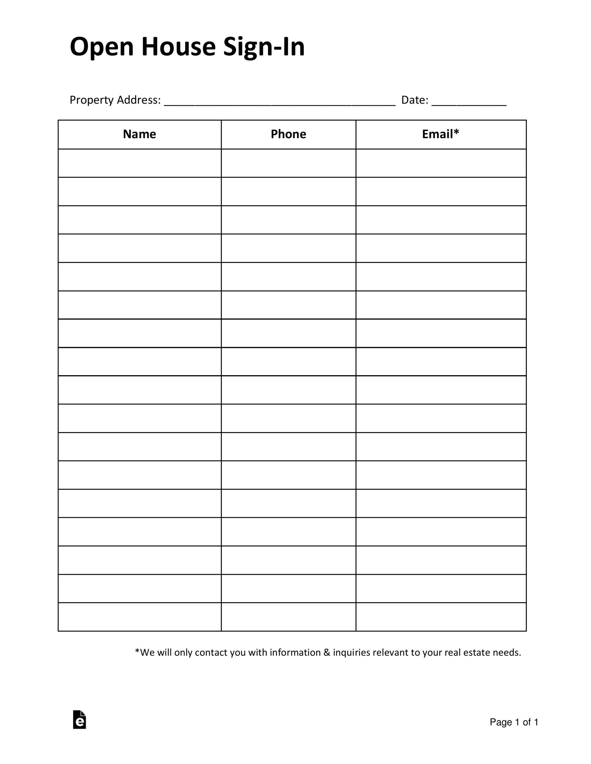 Free Simple Real Estate Open House Sign-In Sheet - Pdf | Word – Eforms within Free Printable Open House Sign in Sheets