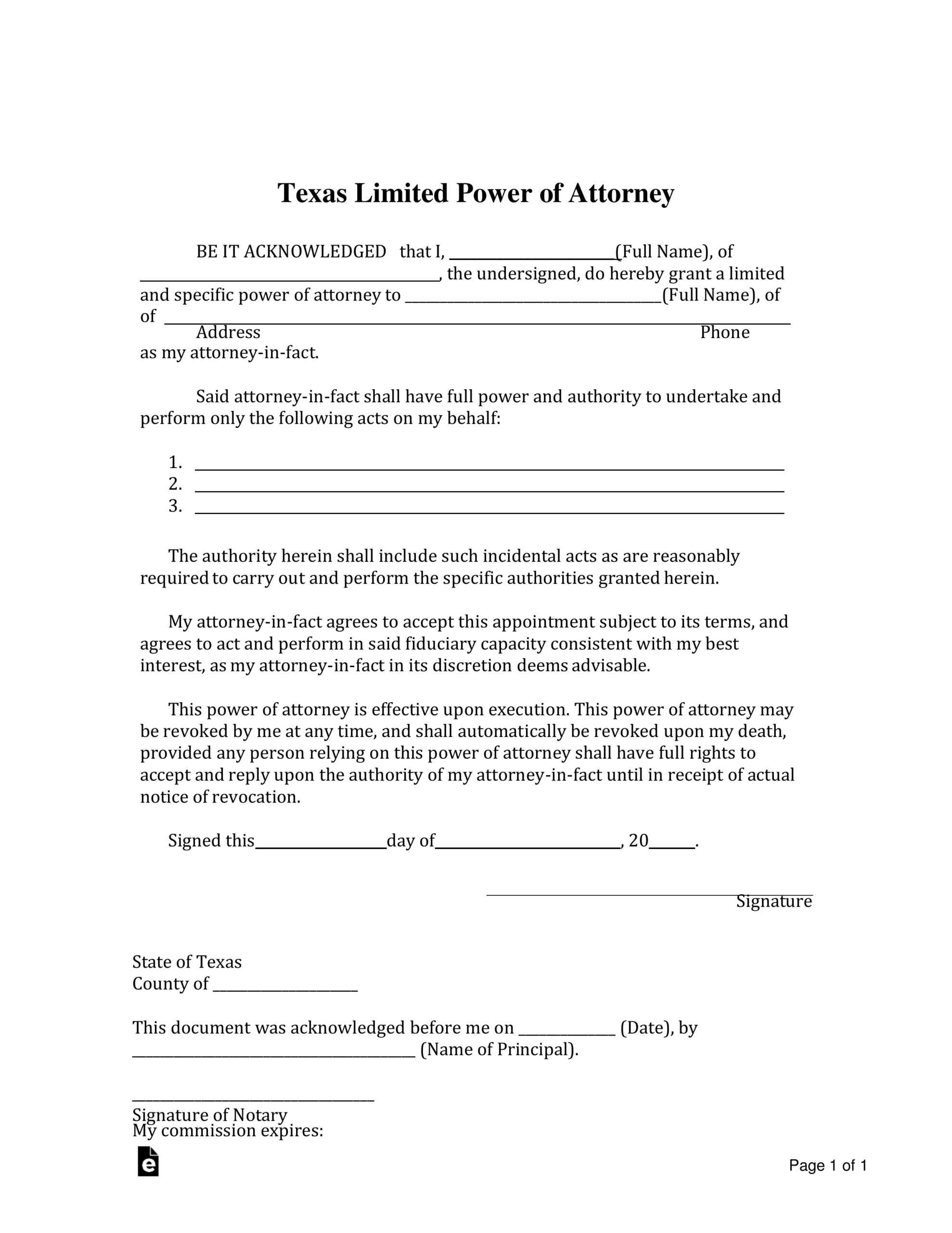 Free Texas Limited Power Of Attorney Form - Pdf | Word – Eforms with regard to Free Printable Power Of Attorney Form Texas