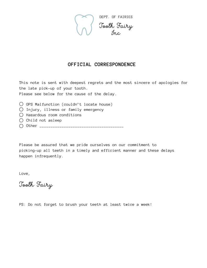 Free Tooth Fairy Apology Letter And Receipt Printable - The inside Tooth Fairy Late Letter Printable Free