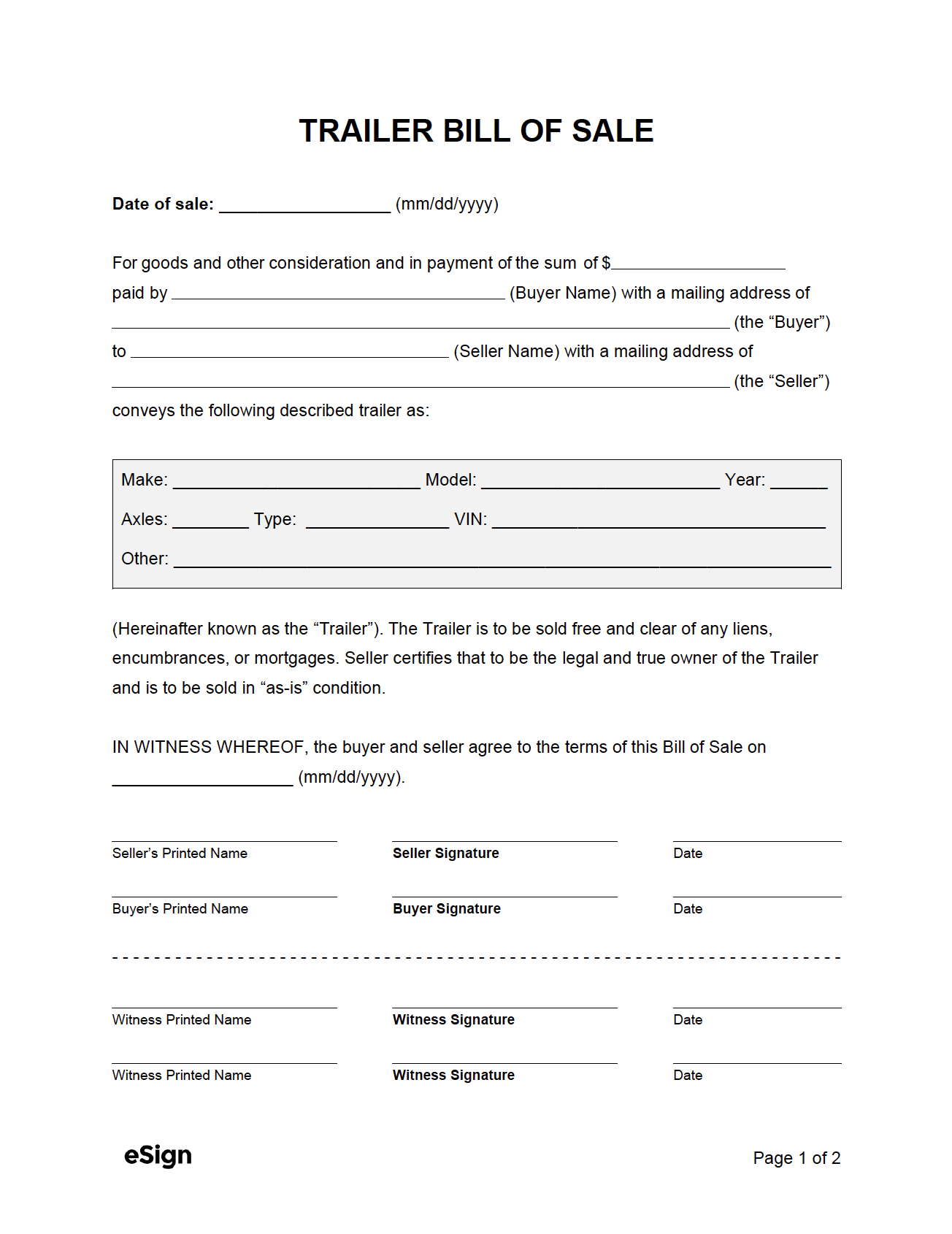 Free Trailer Bill Of Sale Form | Pdf | Word with Printable Bill Of Sale For A Trailer