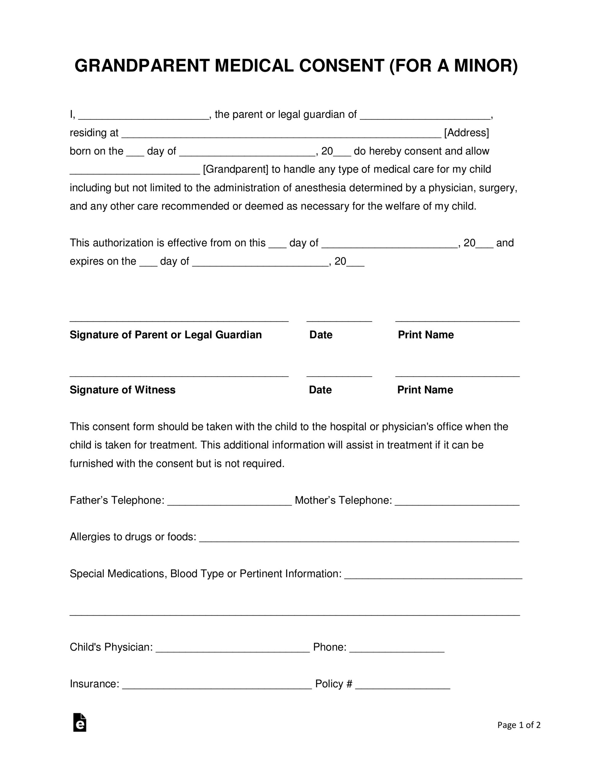 Grandparents&amp;#039; Medical Consent Form – Minor (Child) – Eforms with regard to Grandparent Printable Medical Consent Form For Minor