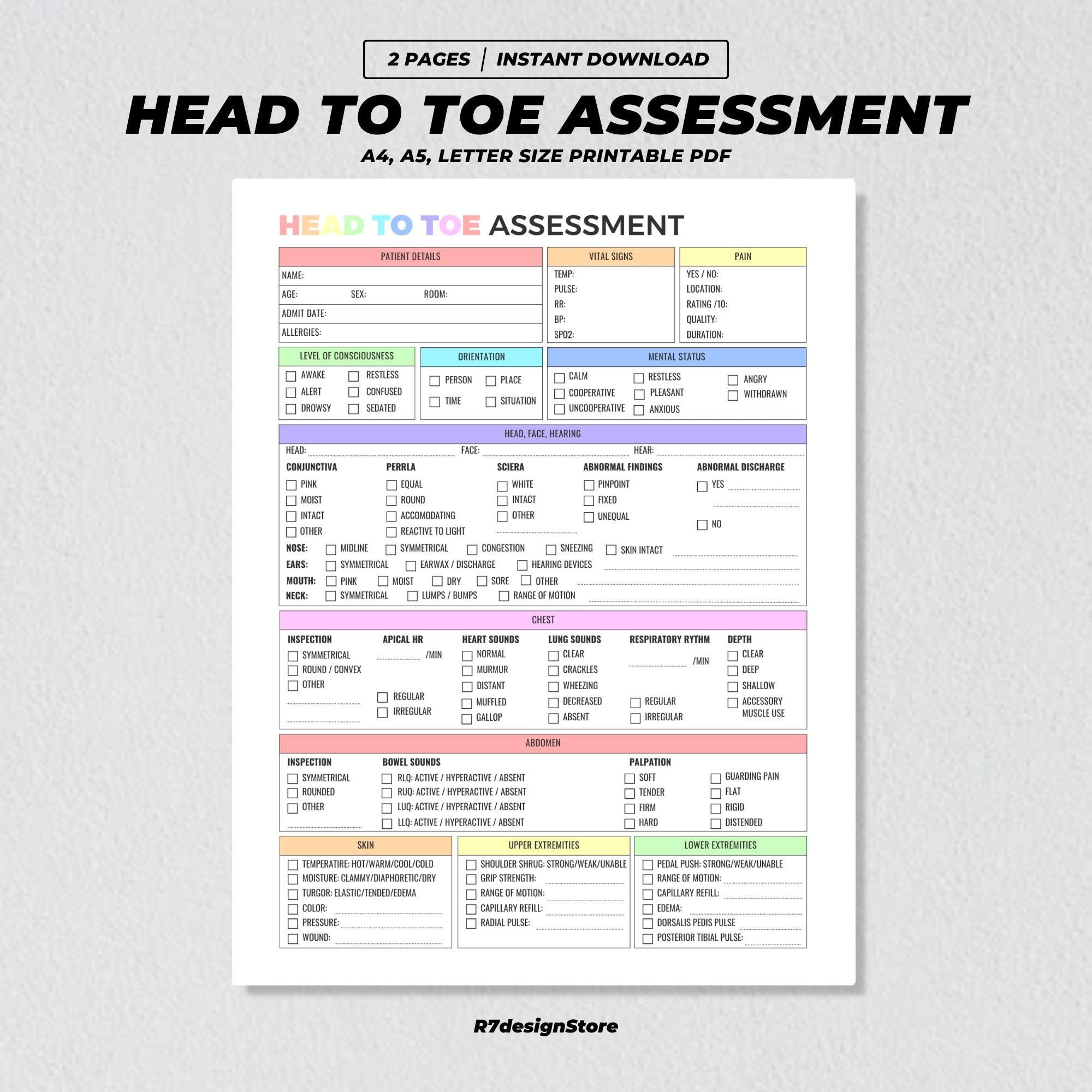 Head To Toe Assessment Printable, Notizen Für Pflegeschüler regarding Printable Head to Toe Assessment Template