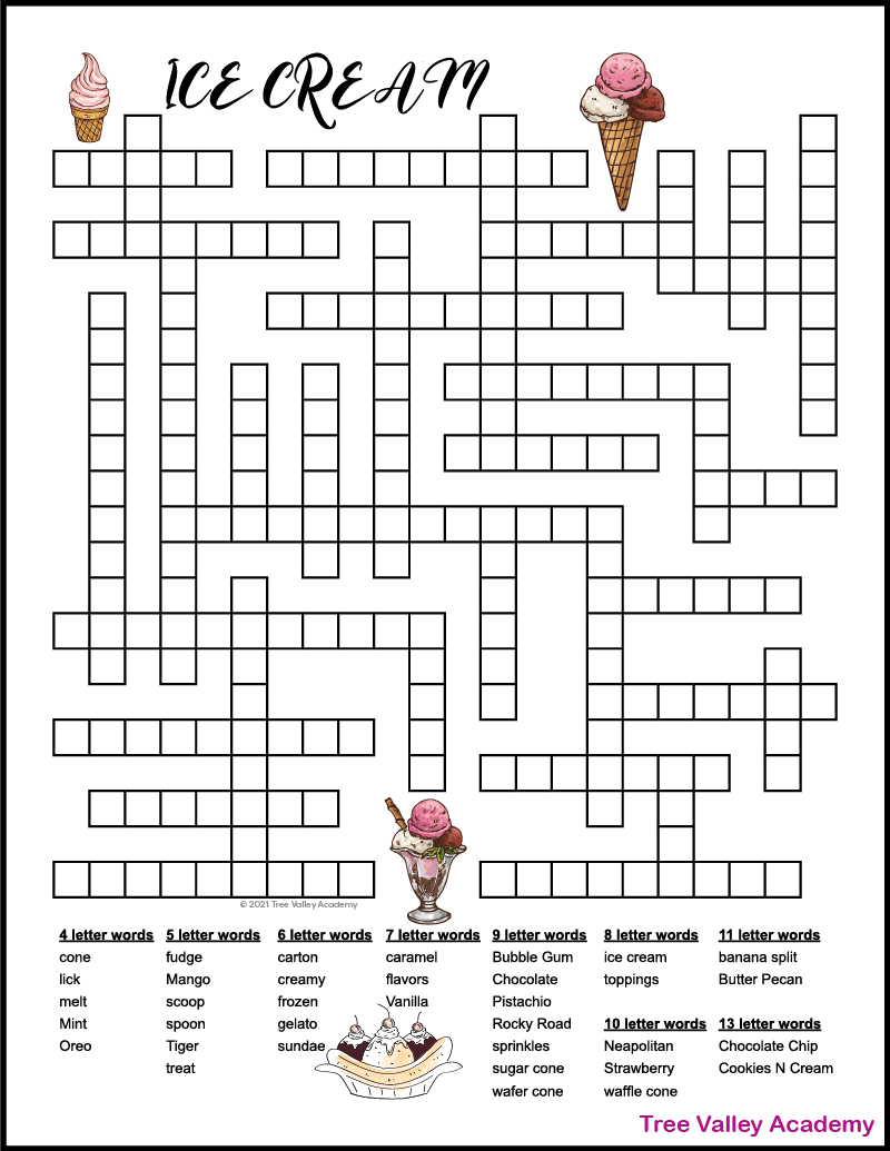 Ice Cream Fill In Puzzle - Tree Valley Academy pertaining to Printable Fill in Crossword Puzzles