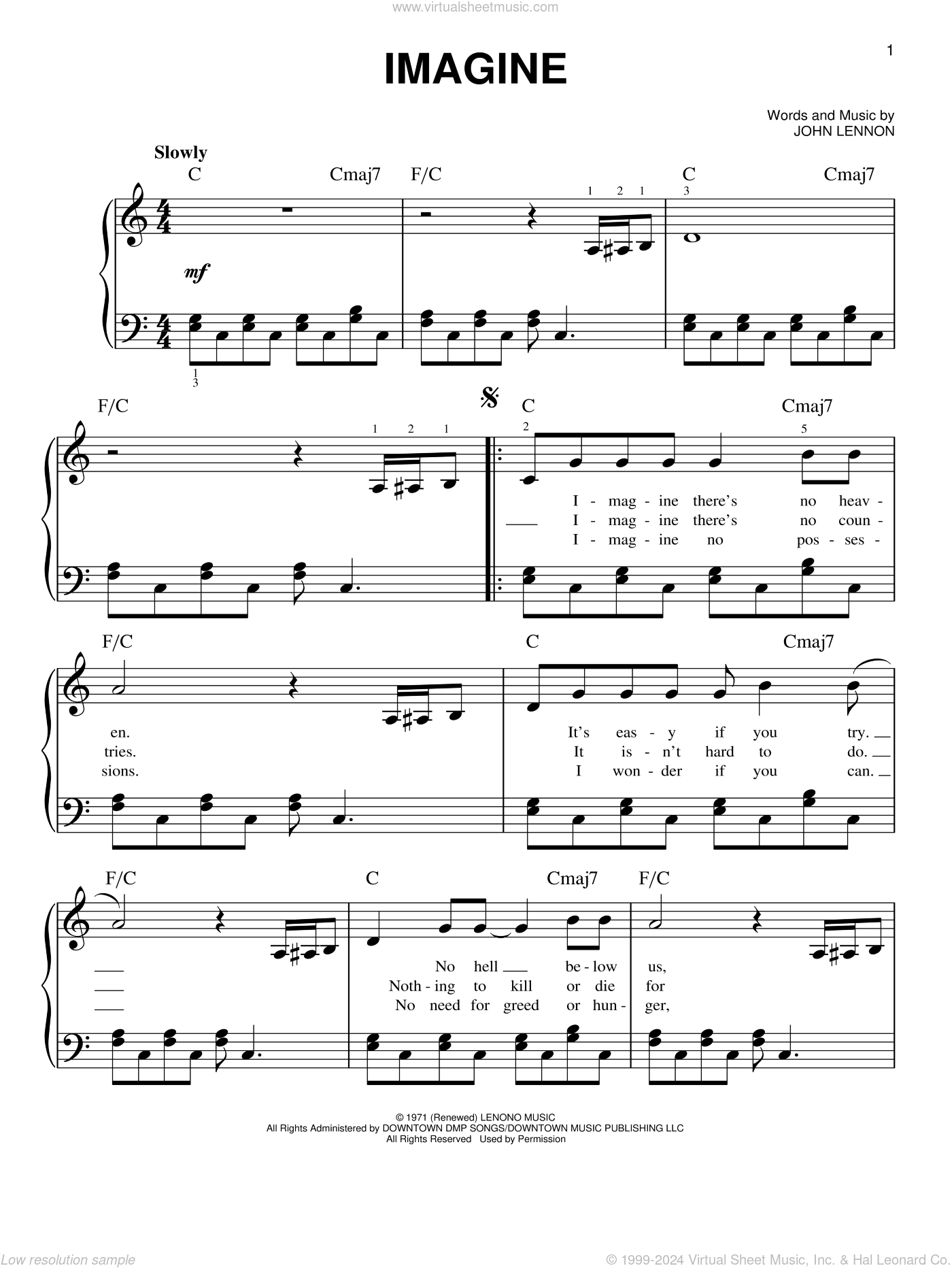 Imagine Sheet Music (Easy Version 2) For Piano Solo (Pdf) regarding Free Printable Sheet Music With Lyrics