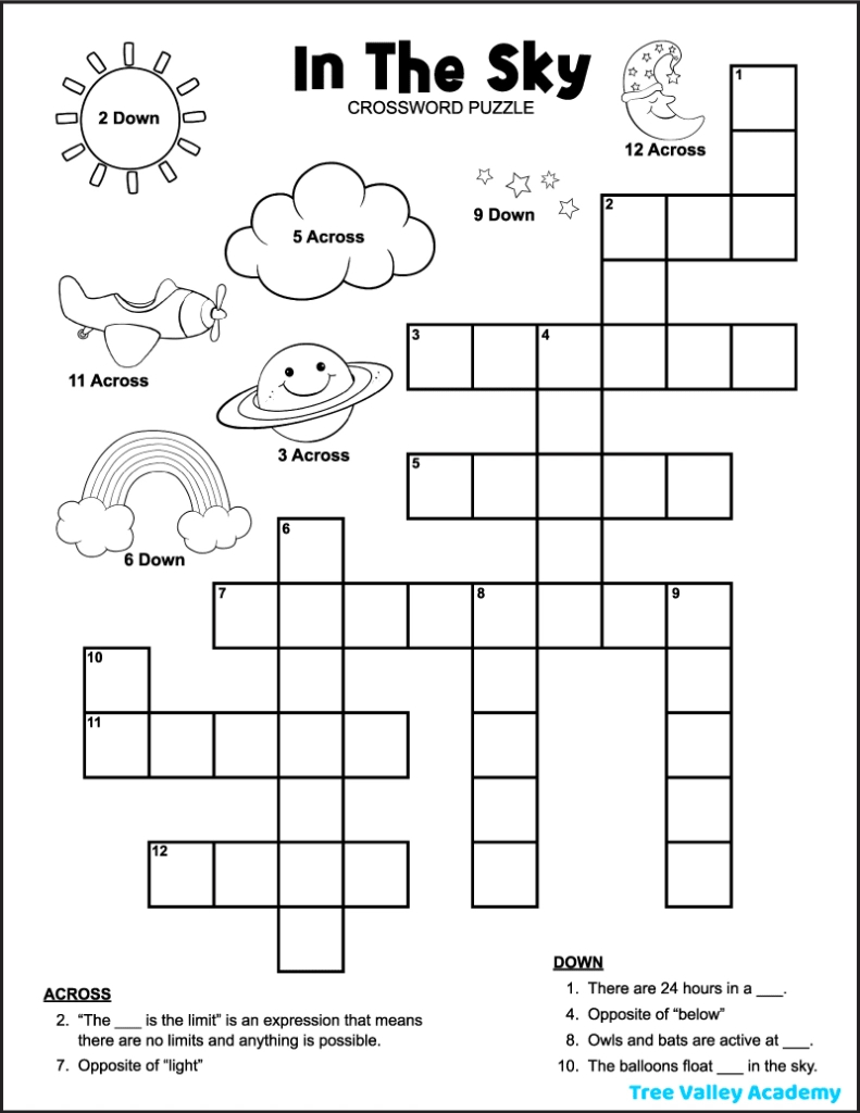 In The Sky Crossword Puzzle For Kids - Tree Valley Academy regarding Crossword Puzzles For Kids Printable