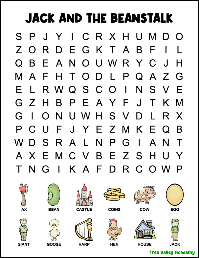Jack And The Beanstalk Word Search For 1St Grade in Word Search For 1St Graders Printable