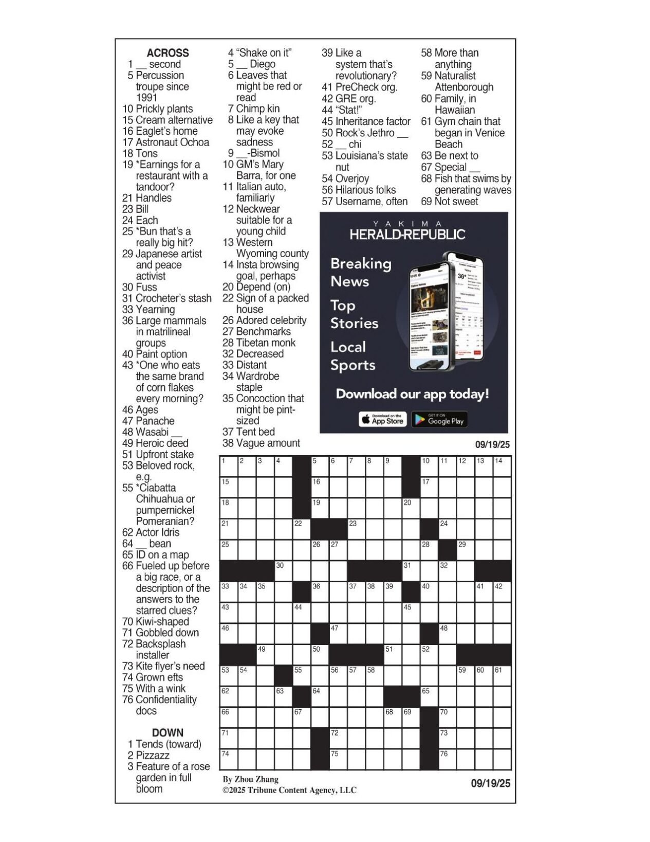 La Times Crossword: Sept. 19, 2025 | Crosswords | Yakimaherald throughout La Times Crossword Free Printable