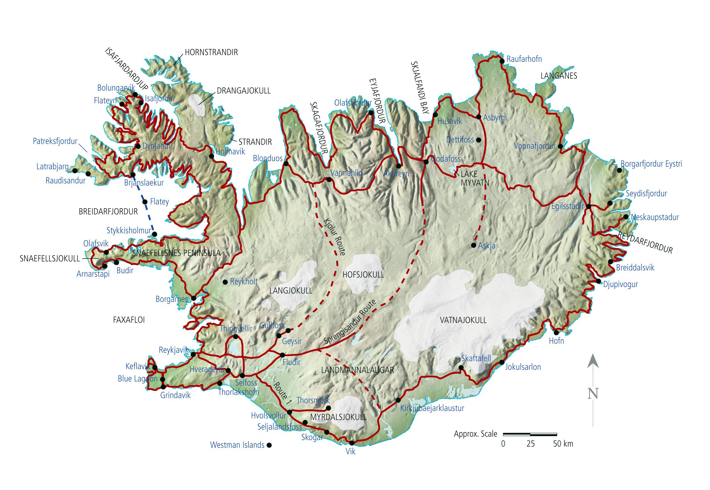 Large Detailed Road Map Of Iceland With Relief And Cities in Maps of Iceland Printable Maps