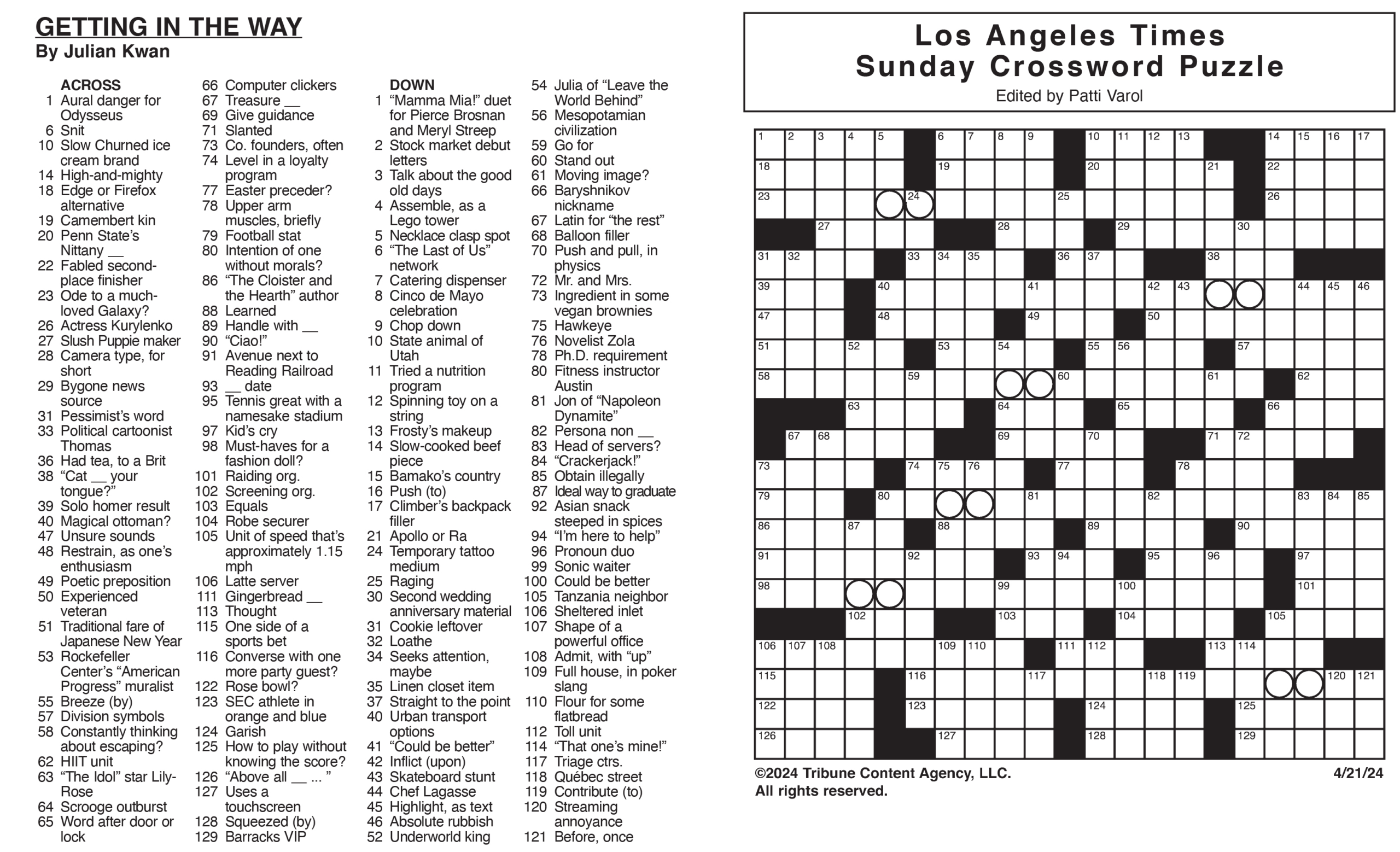 Los Angeles Times Sunday Crossword Puzzle | Tribune Content with La Times Crossword Free Printable