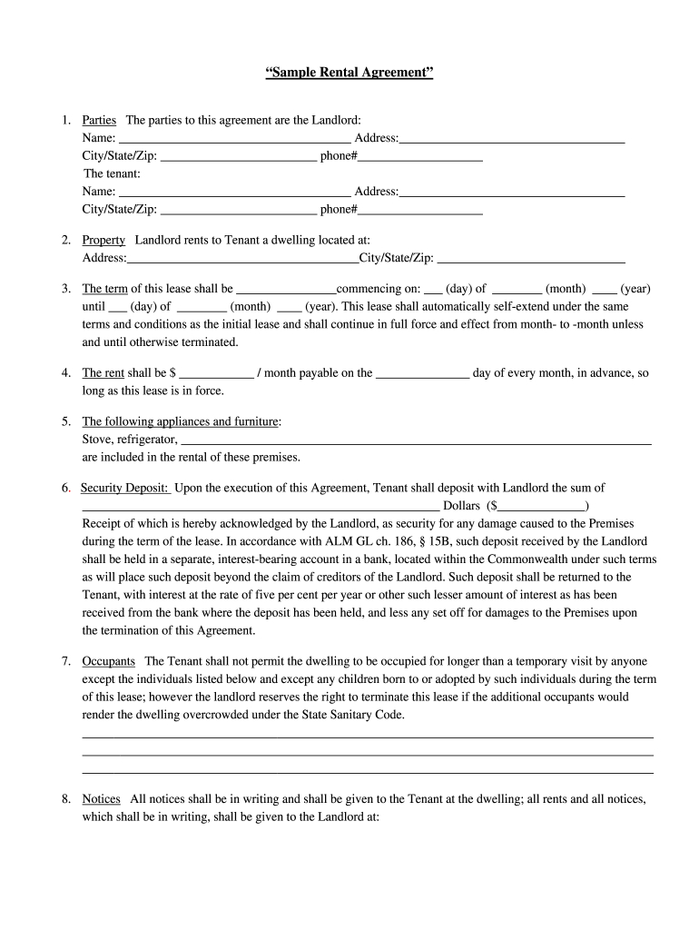 Ma Sample Rental Agreement Form - Fill Online, Printable, Fillable throughout Free Printable Rental Agreement Forms