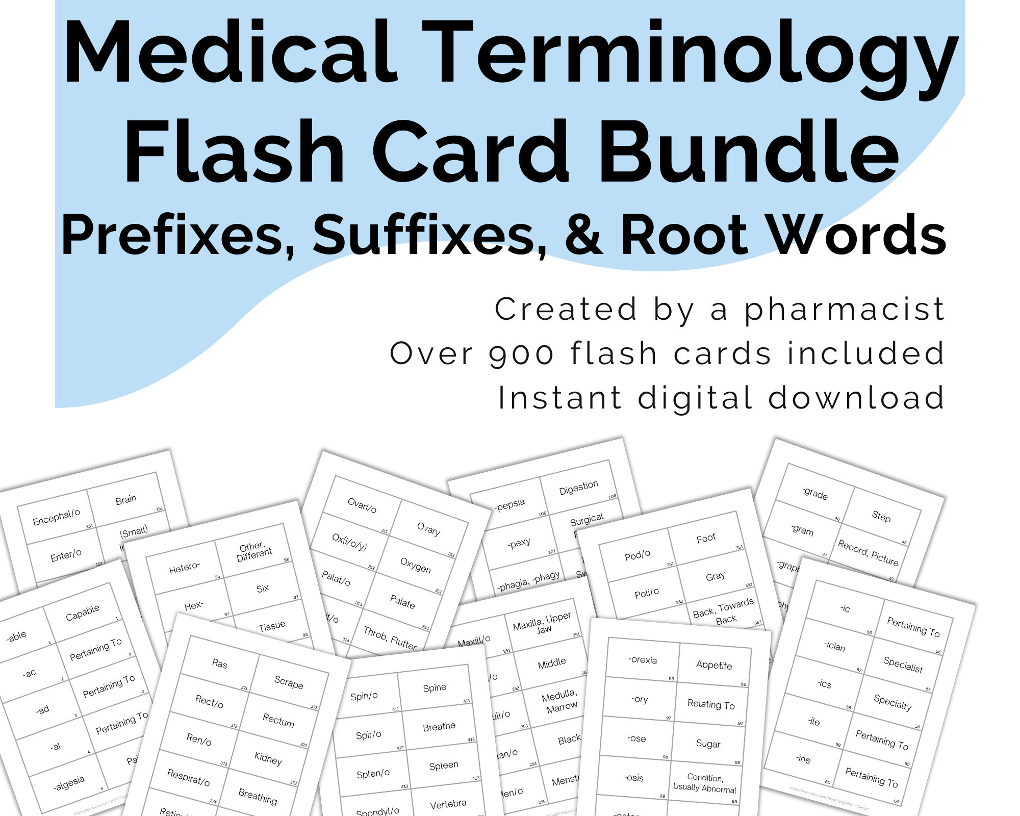 Medical Terminology Printable Digital Download Bundle, Root Words for Printable Medical Terminology Flash Cards