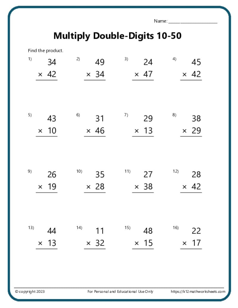 Multiplication Worksheets - K12 Math Worksheets throughout K 12 Free Printable Worksheets