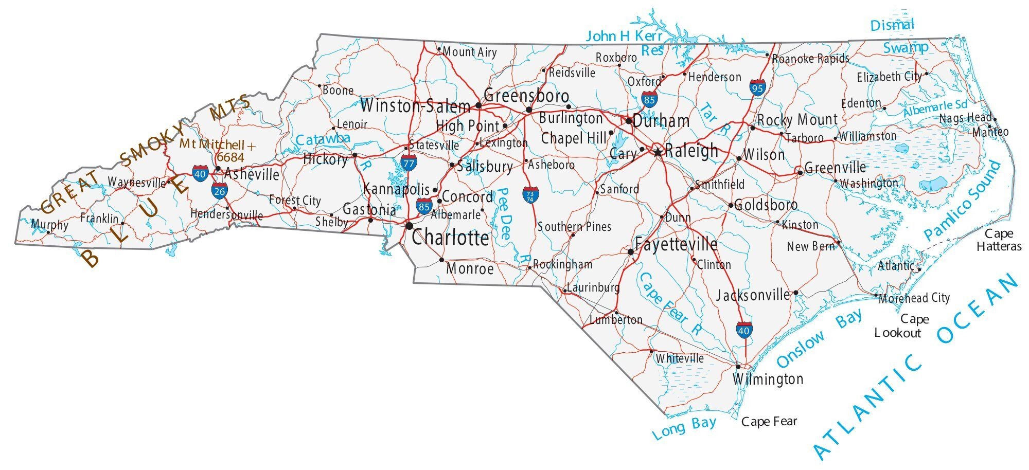 North Carolina Map - Cities And Roads - Gis Geography with Printable North Carolina Map With Cities And Towns