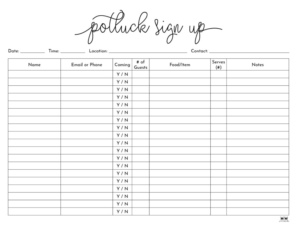 Potluck Sign Up Sheets - 74 Free Sheets | Printabulls throughout Potluck Sign Up Sheet Printable