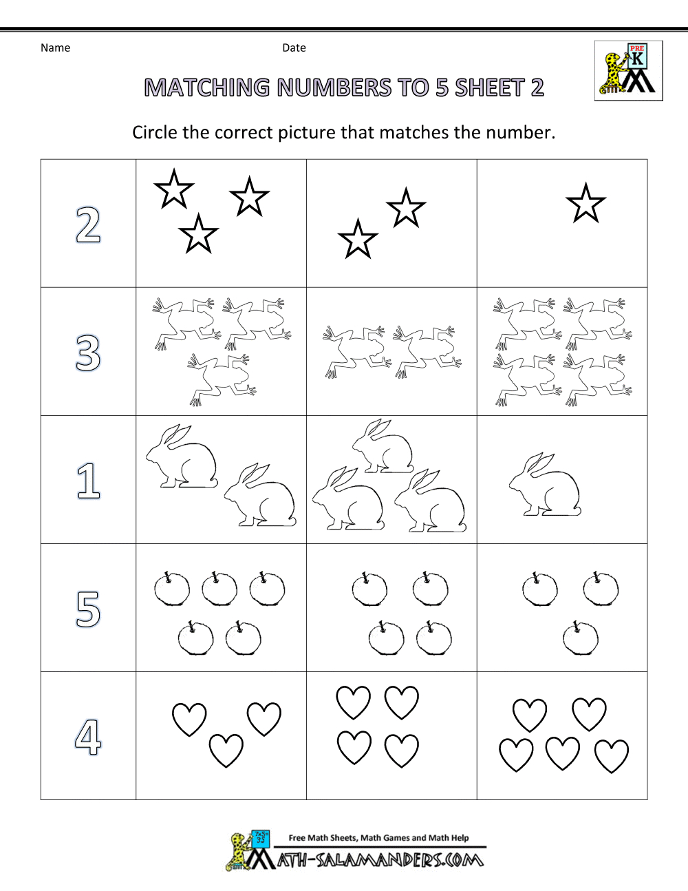 Preschool Math Worksheets - Matching To 5 intended for Free Printable Math Activities For Preschoolers