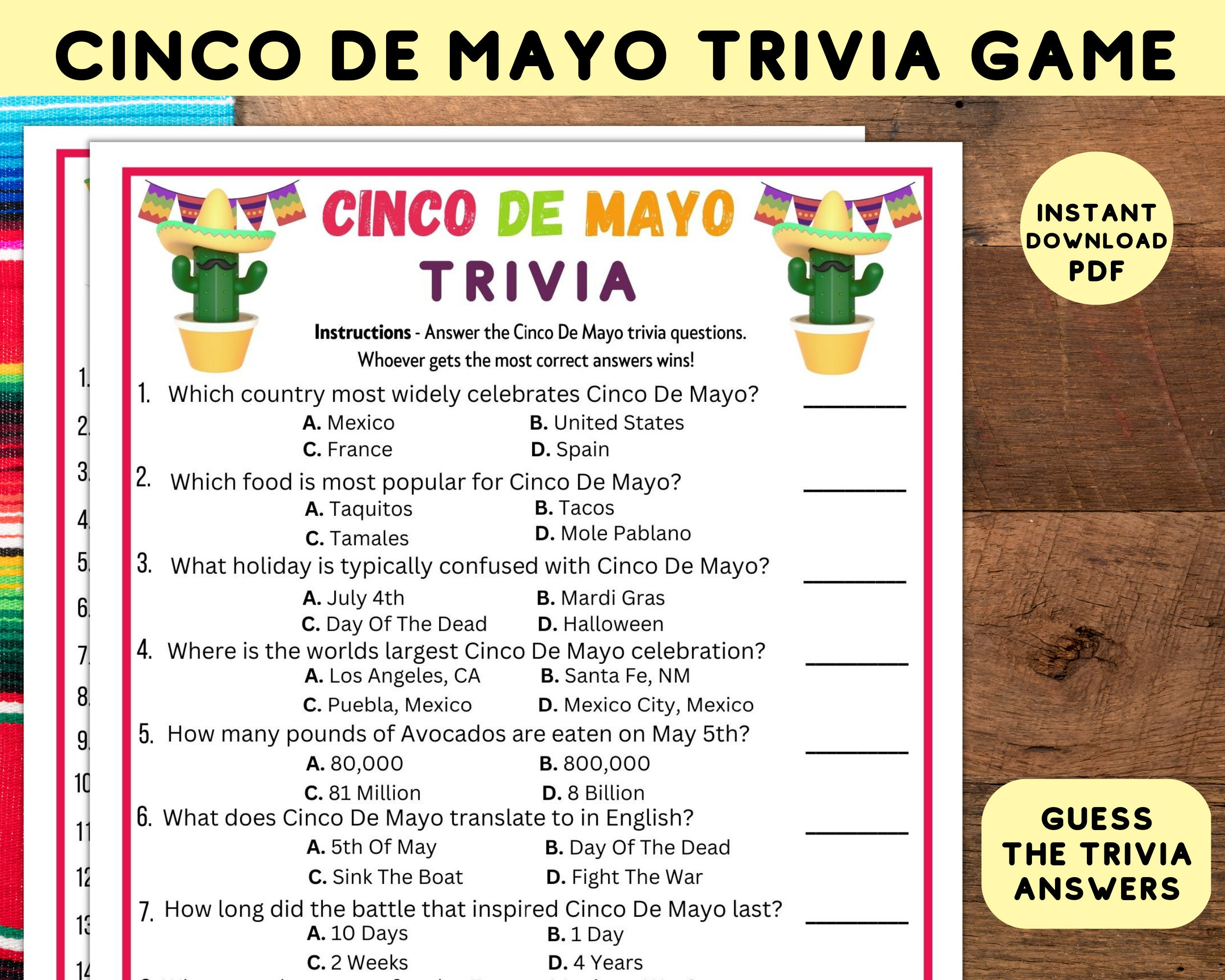 Printable Cinco De Mayo Trivia Party Game | Instant Download throughout Cinco De Mayo Trivia Questions And Answers Printable