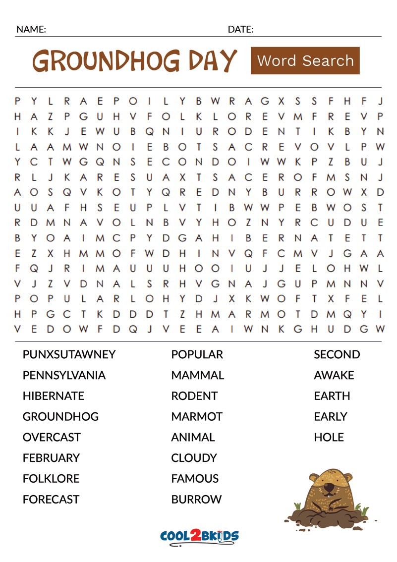 Printable Groundhog Day Word Search - Cool2Bkids throughout Groundhog Day Word Search Printable