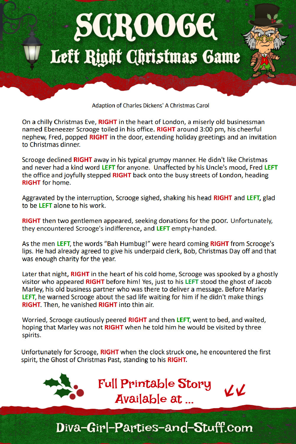 Printable Left Right Christmas Game Story Of Scrooge for Printable Christmas Left Right Game Free