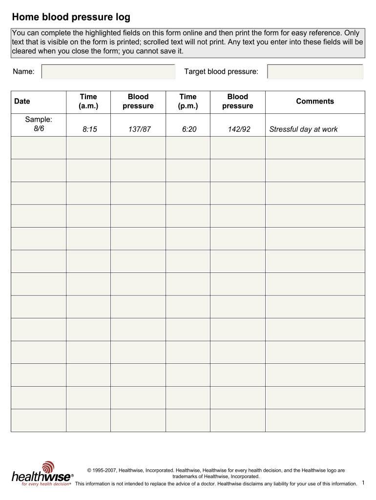 Printable Nhs Blood Pressure Recording Chart - Fill Online in Pdf Free Printable Simple Blood Pressure Log