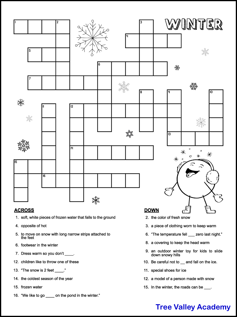 Printable Winter Crossword Puzzles For Kids - Tree Valley Academy with Crossword Puzzles For Kids Printable