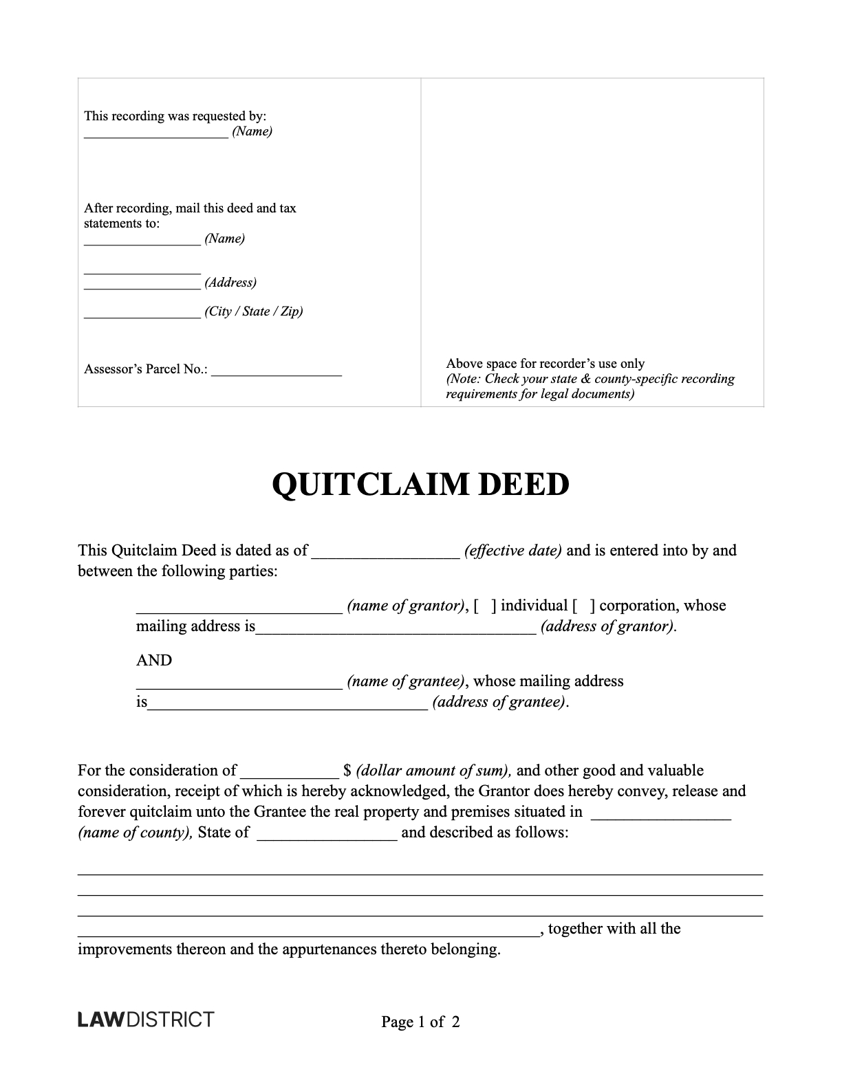 Quitclaim Deed For All Us States | Pdf &amp;amp; Sample | Lawdistrict with regard to Free Printable Blank Quit Claim Deed Form
