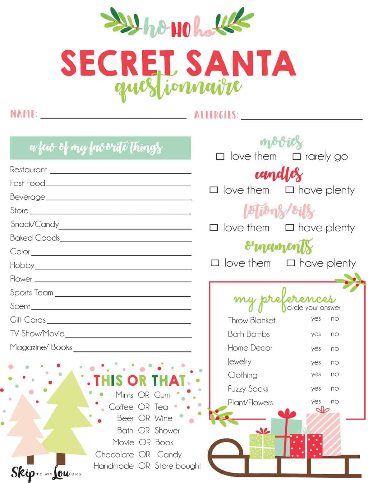 Secret Santa Questionnaire | Skip To My Lou pertaining to Printable Secret Santa Questionnaire