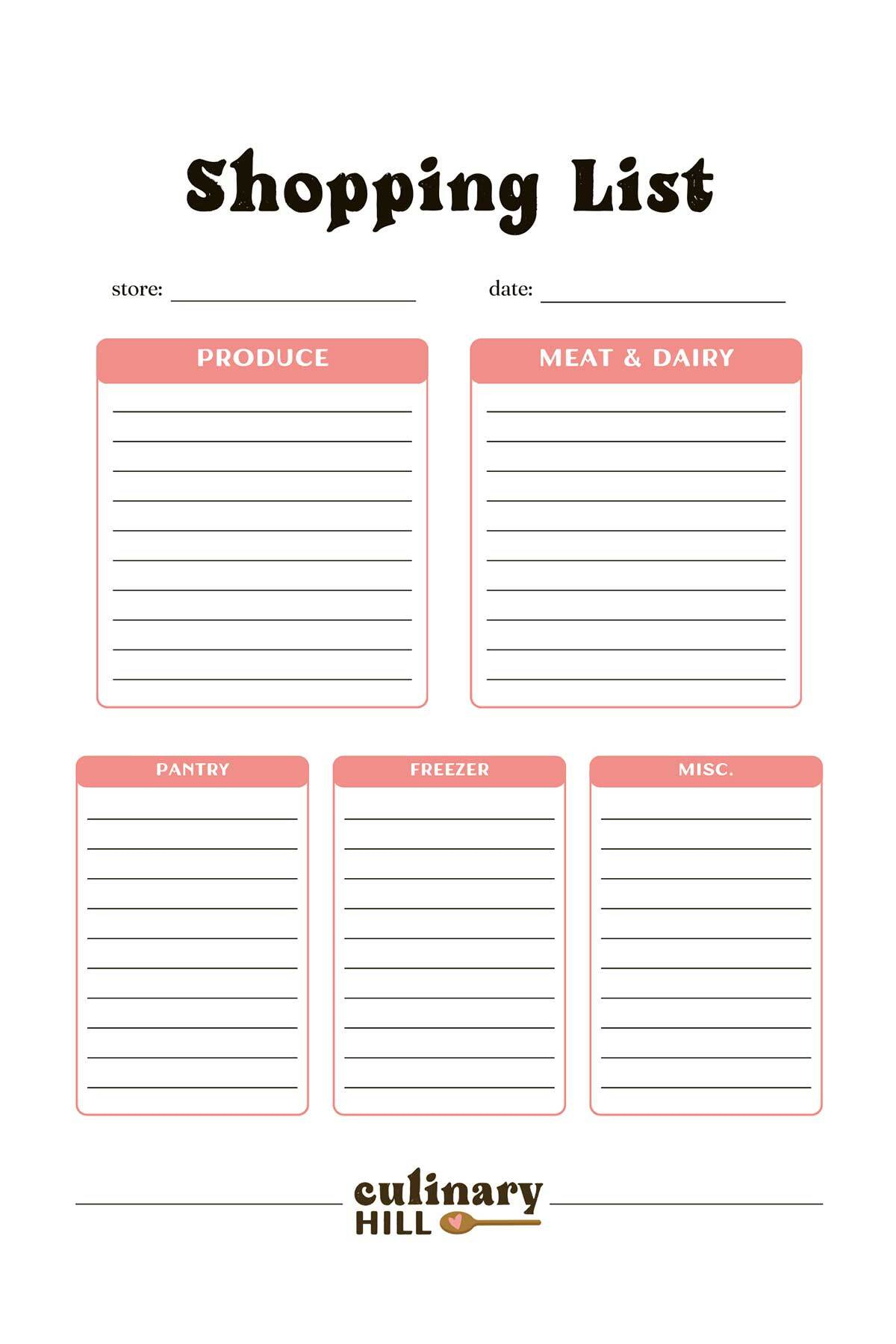 Shopping List Template - Culinary Hill throughout Grocery Shopping List Free Printable