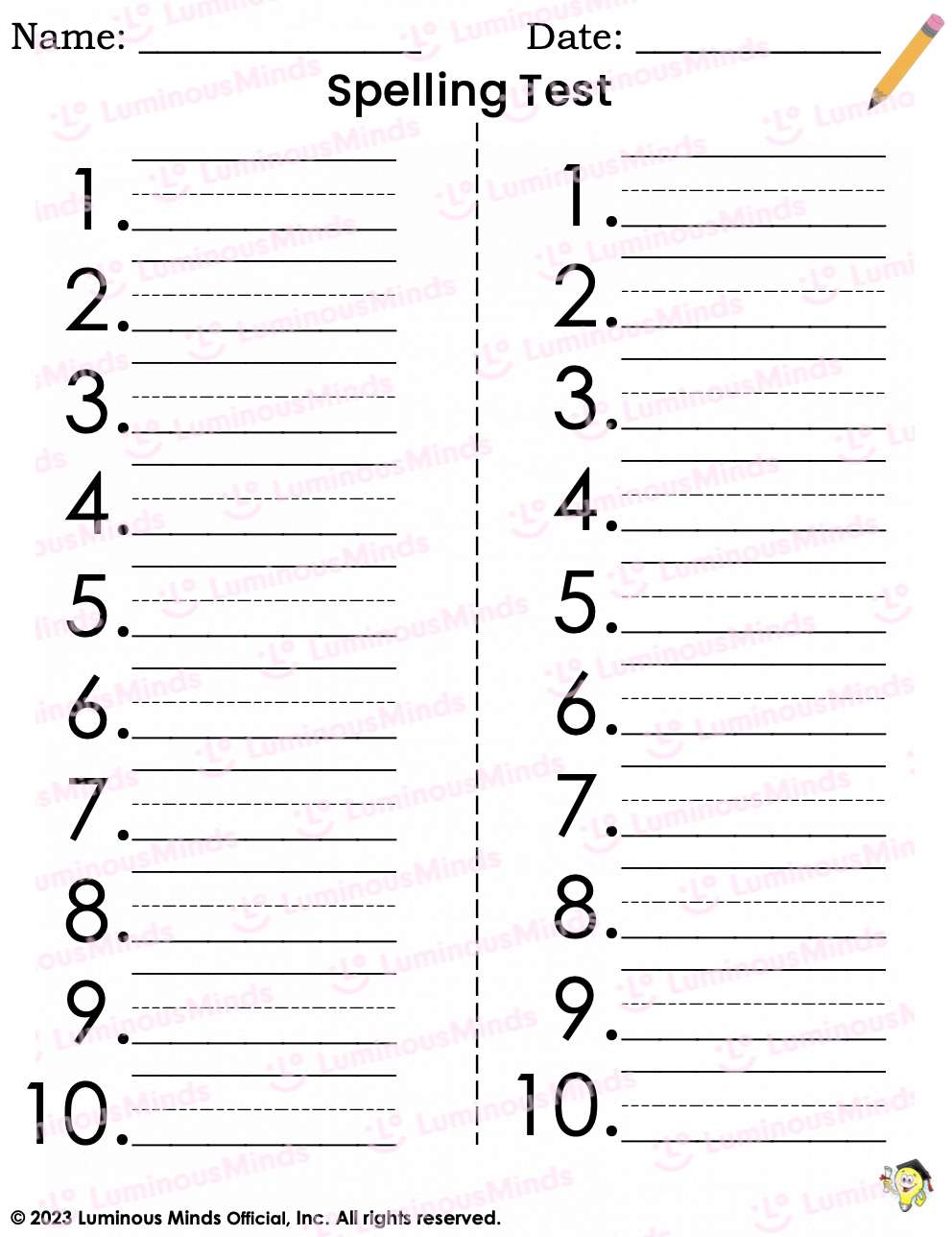 Spelling Test Paper Templates_Set 1 intended for Free Printable Spelling Test Template