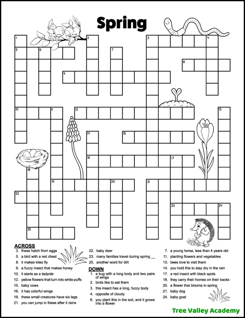 Spring Crossword Puzzles For Kids - Tree Valley Academy intended for Crossword Puzzles For Kids Printable
