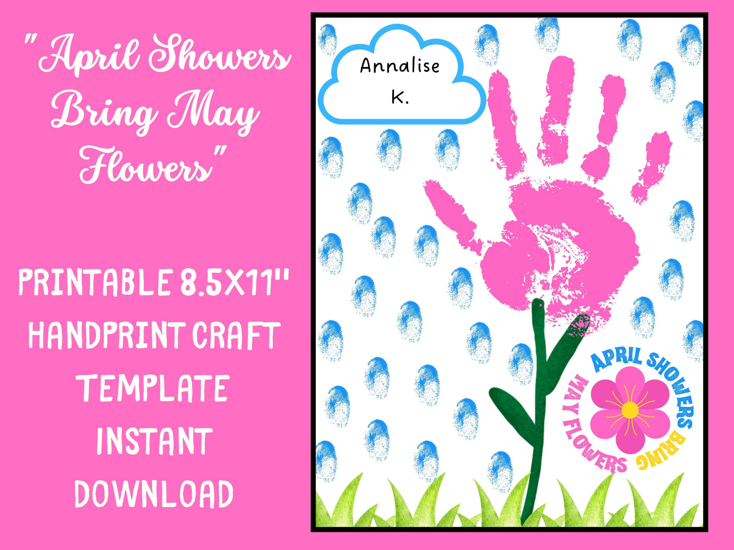 Spring Fingerprint + Handprint Craft Printable-April Showers May with April Showers Bring May Flowers Printables