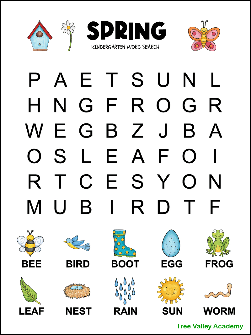 Spring Word Search For Kindergarten - Tree Valley Academy intended for Large Print Easy Word Search Printable