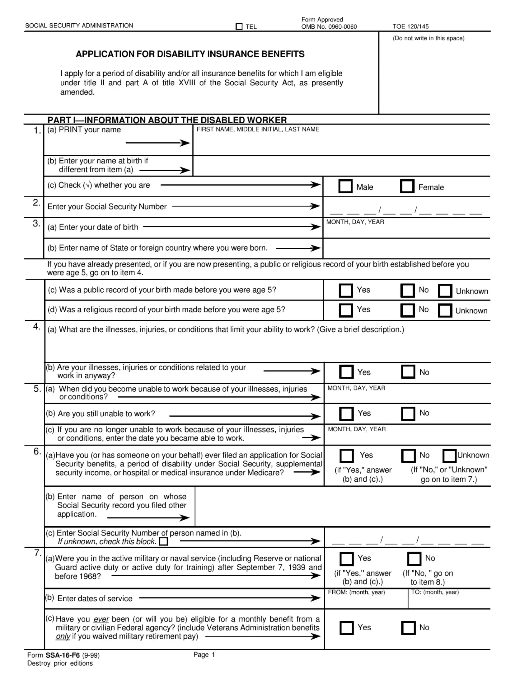 Ssa 16 F6 Form ≡ Fill Out Printable Pdf Forms Online intended for Printable Application For Social Security