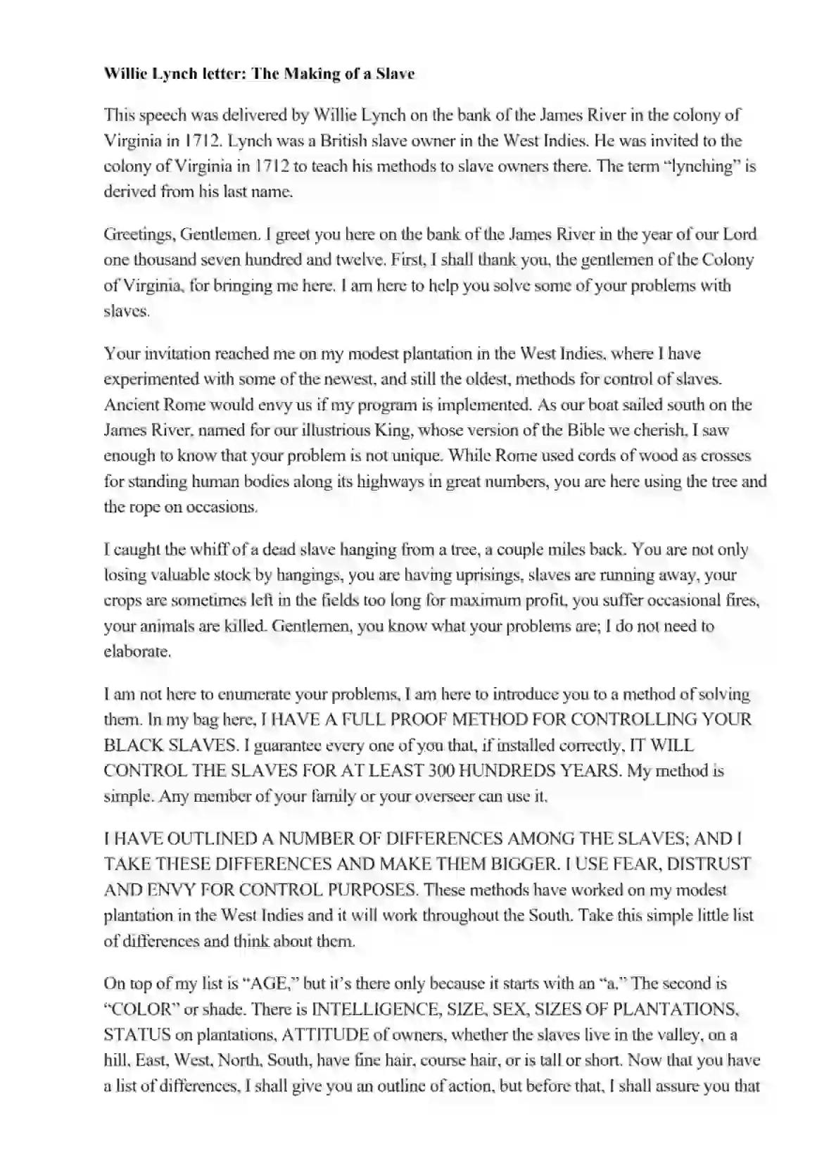 Willie Lynch Letter: The Making Of A Slave [Download Pdf] intended for The Willie Lynch Letter Printable