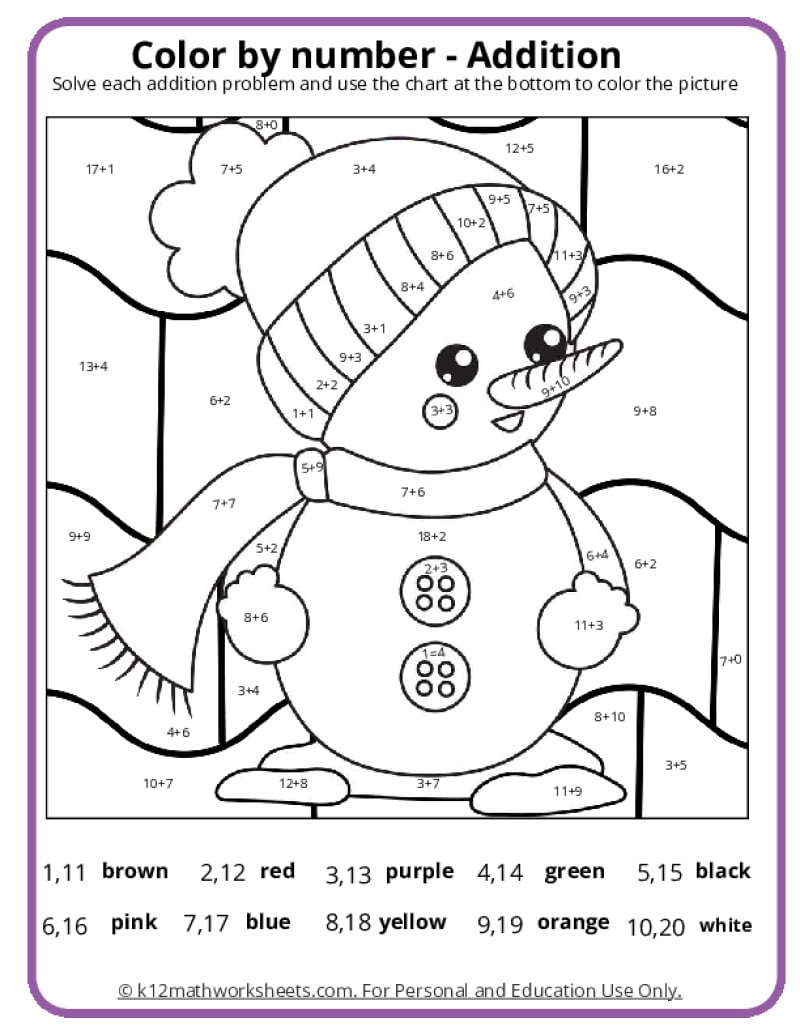 Winter Colornumber Pages - K12 Math Worksheets for K 12 Free Printable Worksheets