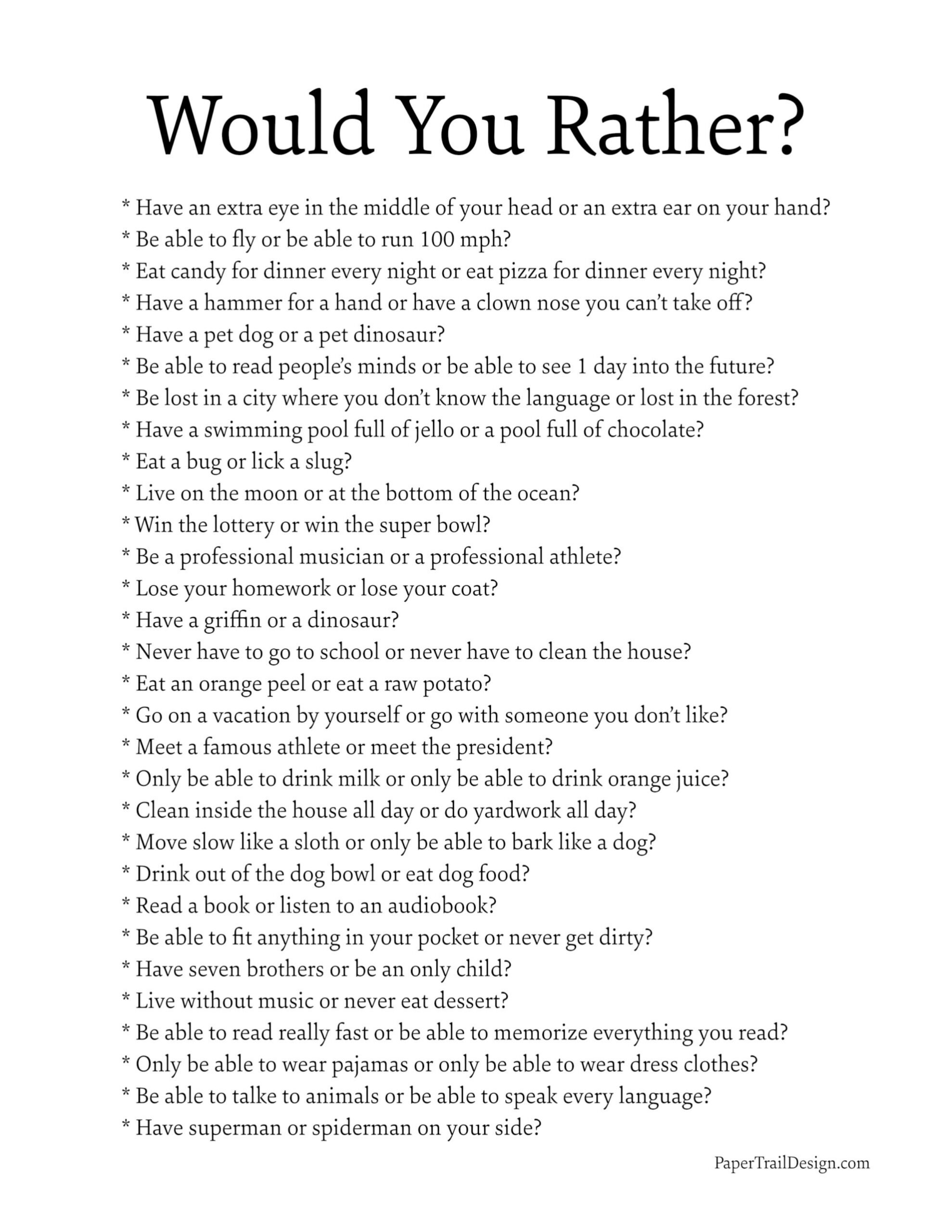 Would You Rather Questions - Paper Trail Design for Would You Rather Questions Printable