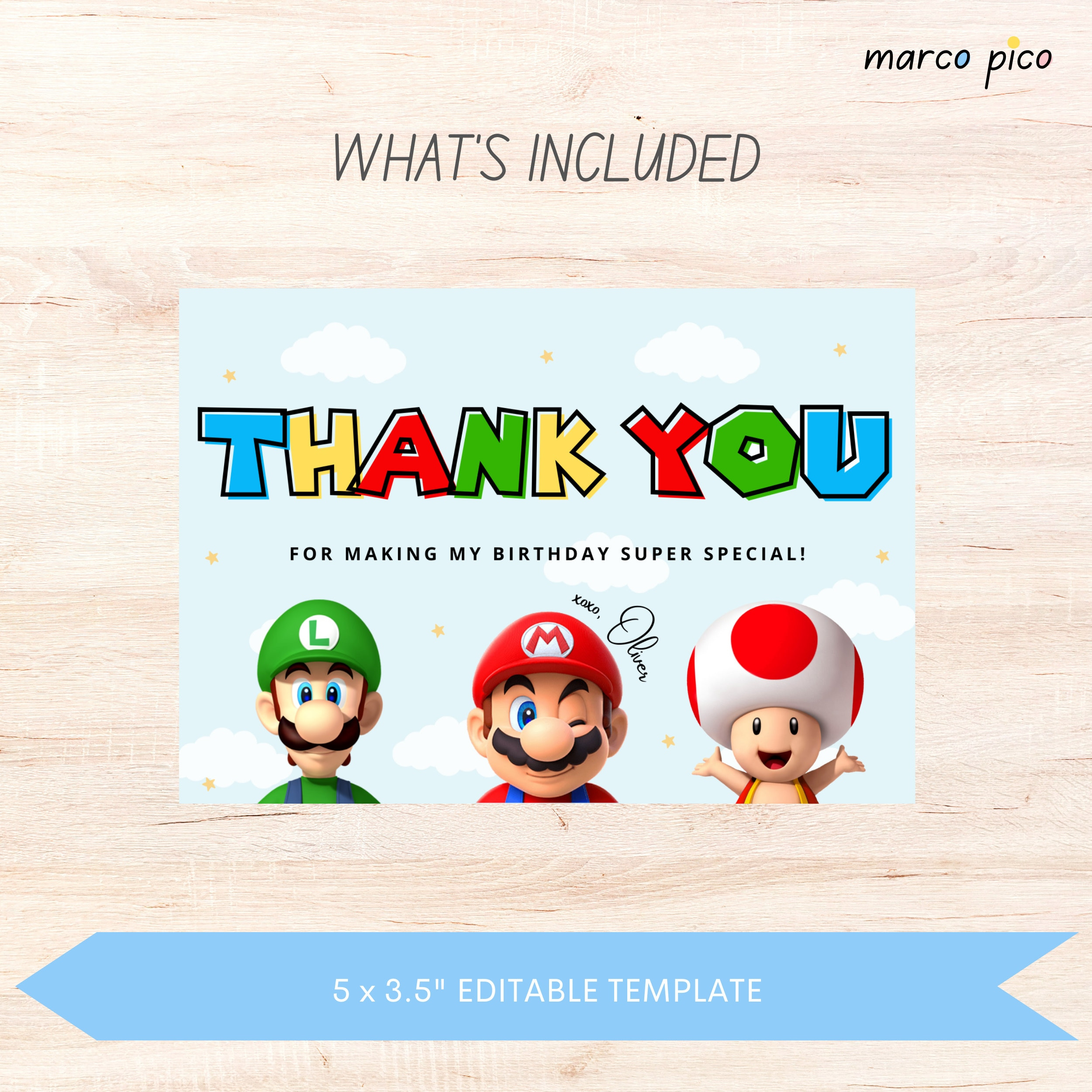 Birthday Thank You Card Template, Editable Boy Birthday Thank You throughout Mario Thank You Cards Printable