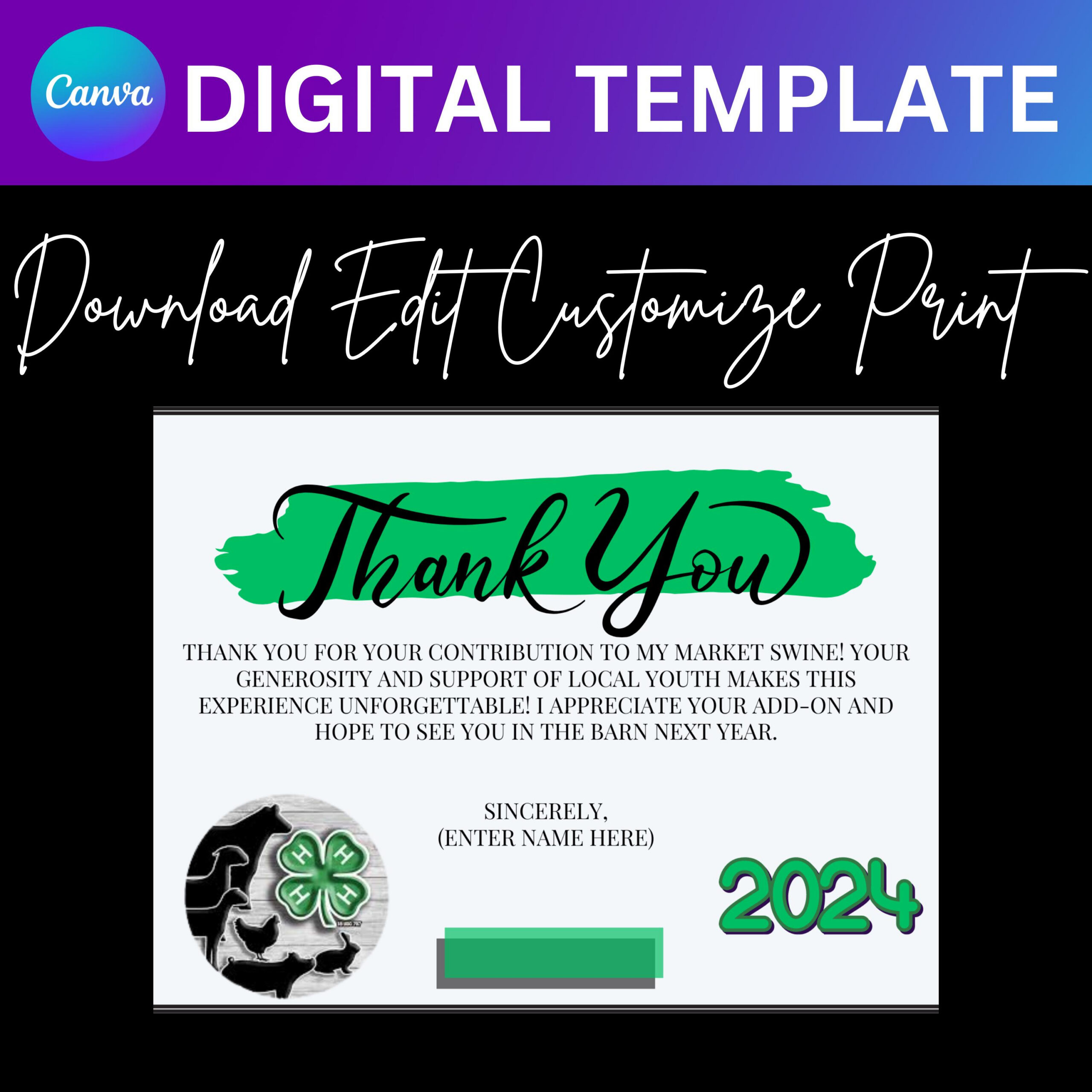 Canva Digital Template: 4-H Add-On Thank You Cards (Editable within 4h Thank You Cards Printable