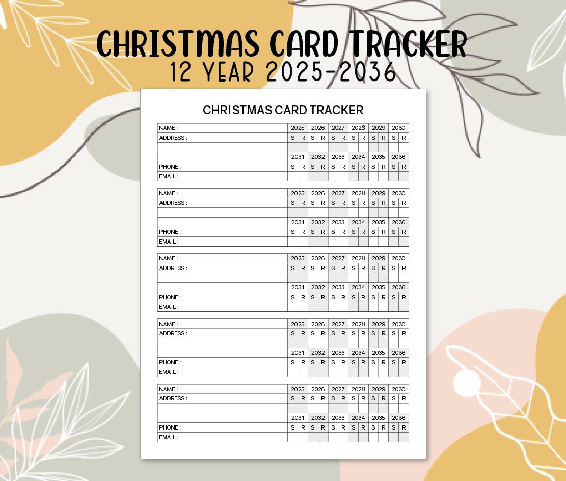 Christmas Card Tracker 2025-2036 Printable 12 Year Template Pdf with Printable Christmas Card List 2025