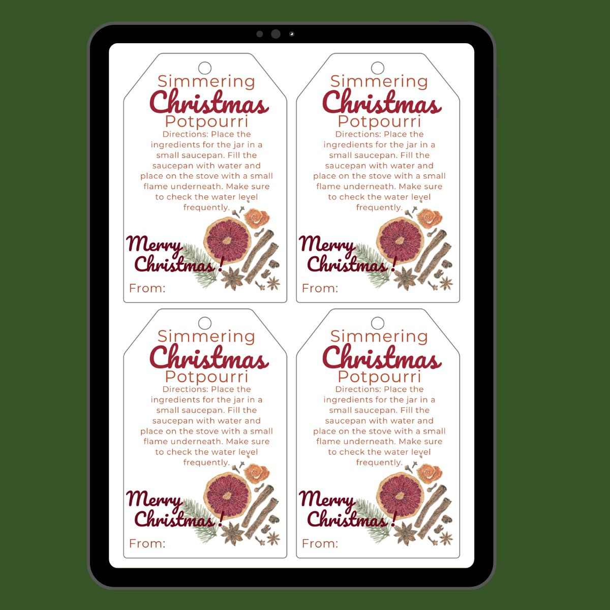 Christmas Simmering Potpourri Gift Tags with regard to Free Printable Christmas Potpourri Tags