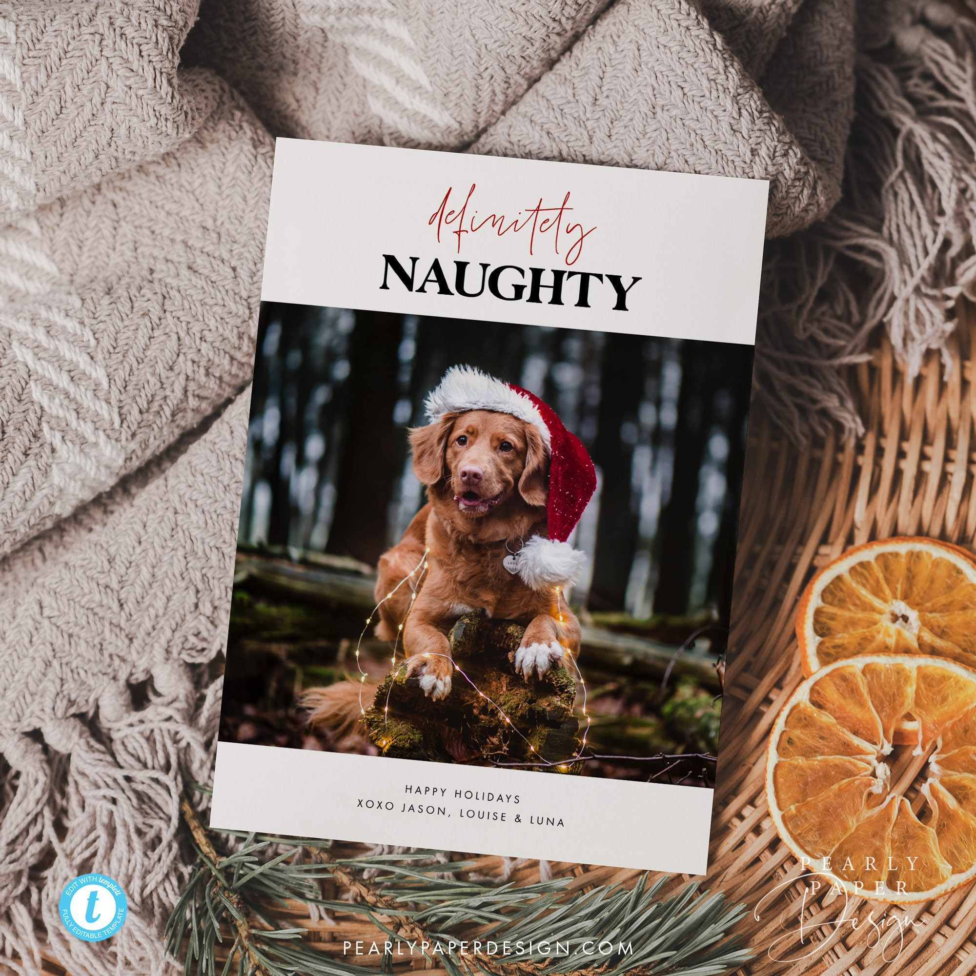 Dog Holiday Card Template, Minimalist Photo Holiday Templett in Printable Christmas Card Dog