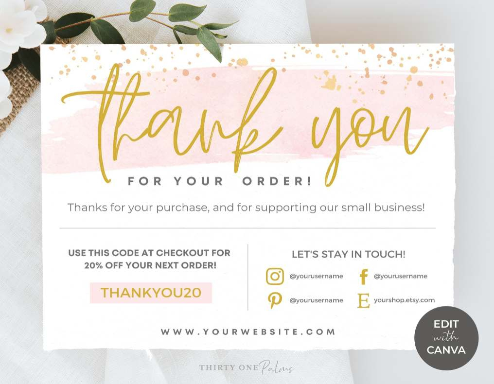 Editable Printable Thank You Card Template For Canva - Pink Watercolor for Printable Thank You Cards Editable