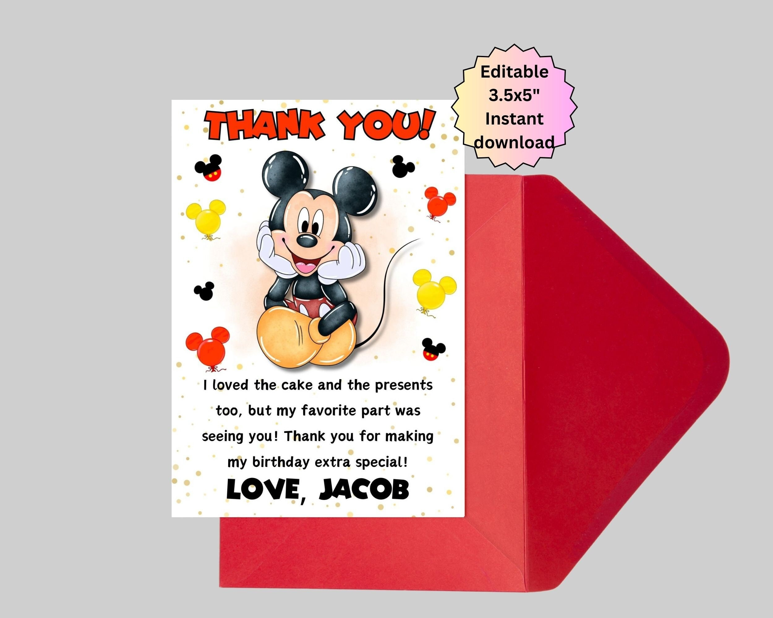 Editable Red Mickey Mouse Thank You Card, Thank You Cards, Thank with regard to Mickey Mouse Thank You Photo Cards Printable